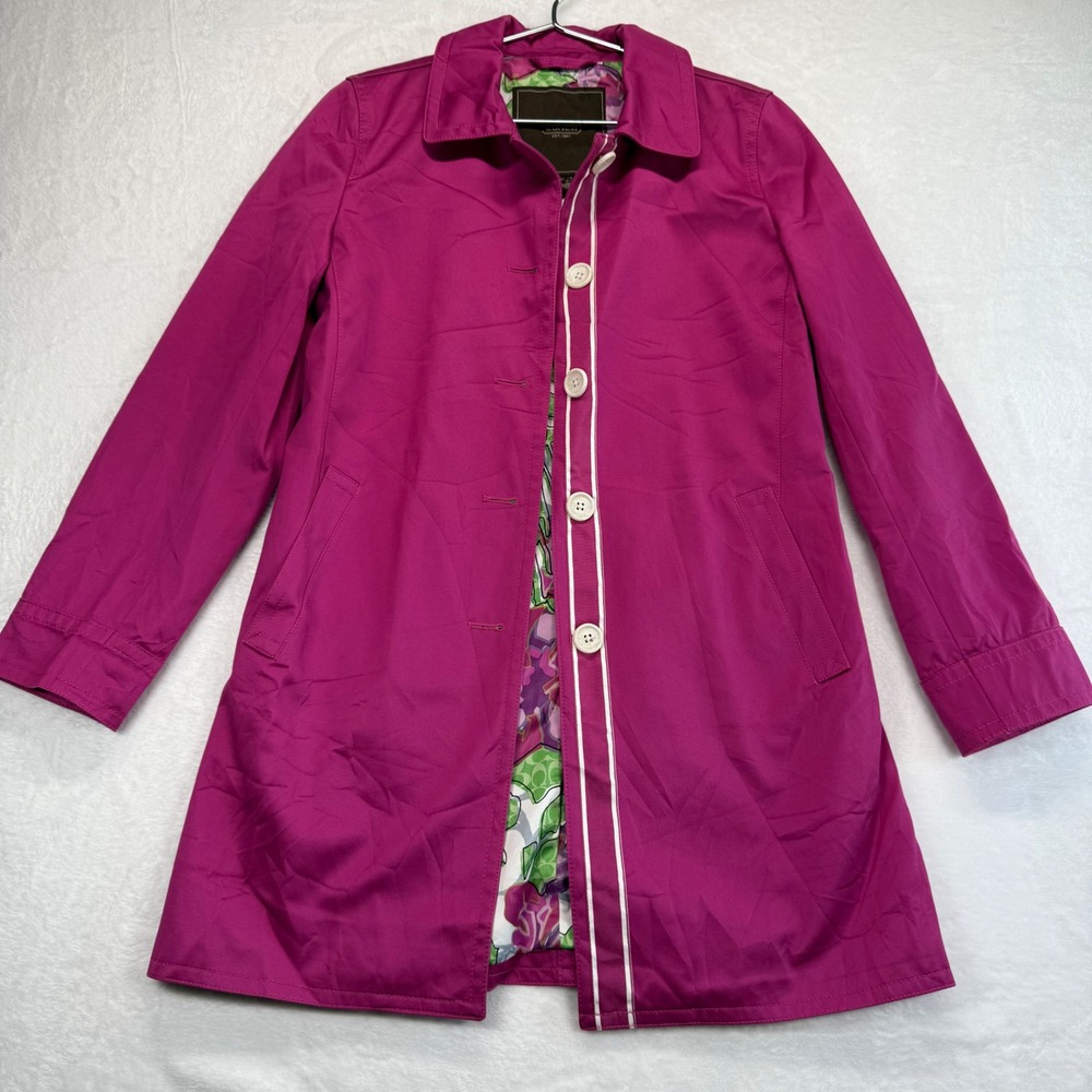 Coach Rain Coat Magenta Floral Lined Button Front Jacket Coat XS READ
